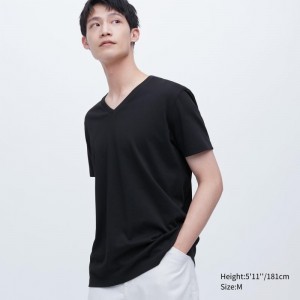 Uniqlo Dry Color V-Neck Short-Sleeve T-shirts Heren Zwart | 7627450