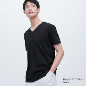 Uniqlo Dry Color V-Neck Short-Sleeve T-shirts Dames Zwart | 7341647