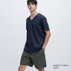 Uniqlo Dry Color V-Neck Short-Sleeve T-shirts Dames Donkerblauw | 9223495