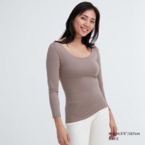 Uniqlo HEATTECH Scoop Neck Long-Sleeve T-shirts Dames Beige | 5201965