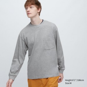 Uniqlo Washed Cotton Crew Neck Long-sleeve T-shirts Heren Grijs | 5505762