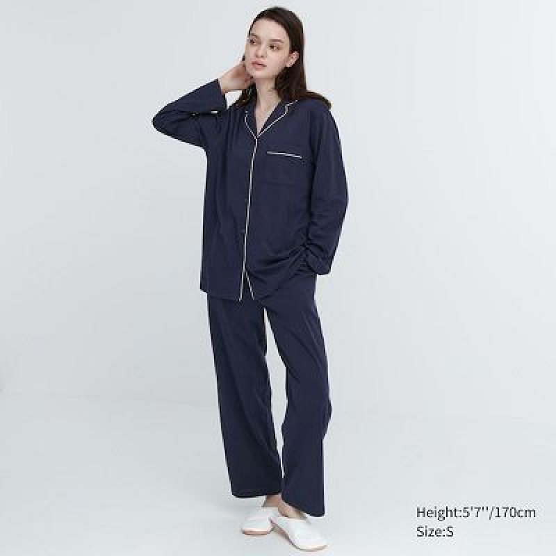 Uniqlo AIRism Cotton Long-Sleeve Pyjama Dames Donkerblauw | 2593505