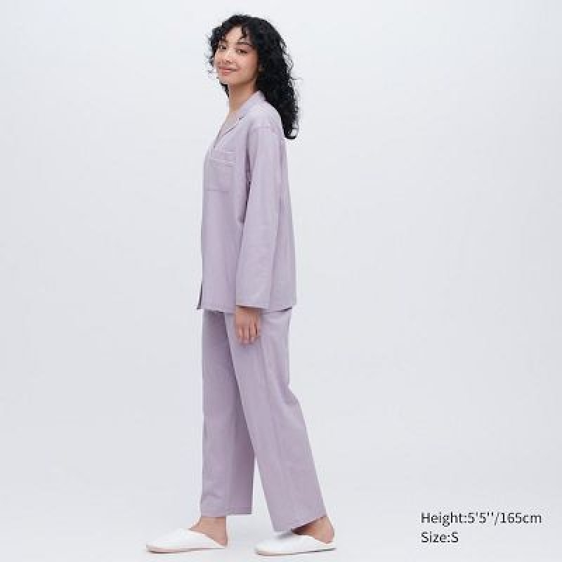 Uniqlo AIRism Cotton Long-Sleeve Pyjama Dames Paars | 2956736