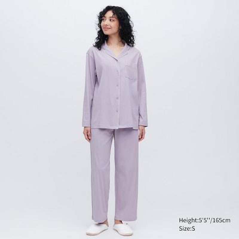 Uniqlo AIRism Cotton Long-Sleeve Pyjama Dames Paars | 2956736