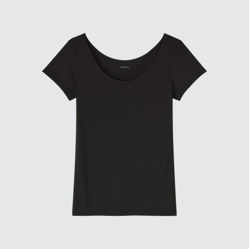 Uniqlo AIRism Scoop Neck Short-Sleeve T-shirts Dames Zwart | 257596