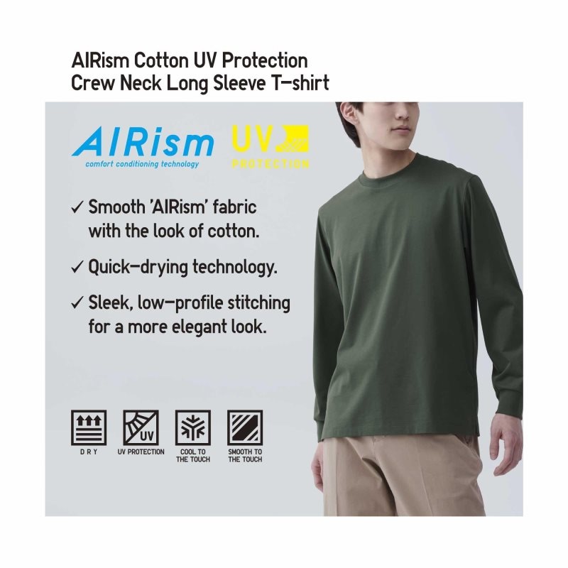 Uniqlo Airism Cotton Uv Protection Crew Neck Long-sleeve T-shirts Heren Groen | 8730197