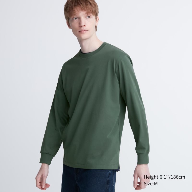 Uniqlo Airism Cotton Uv Protection Crew Neck Long-sleeve T-shirts Heren Groen | 8730197