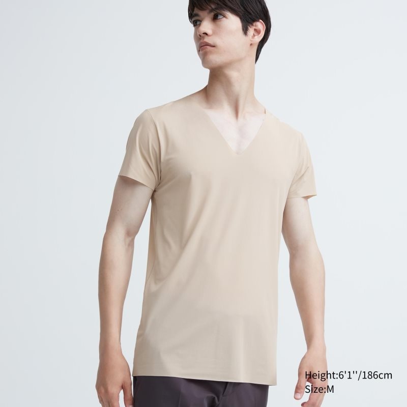 Uniqlo Airism Mesh Anti-odor V-neck T-shirts Heren Beige | 1390334