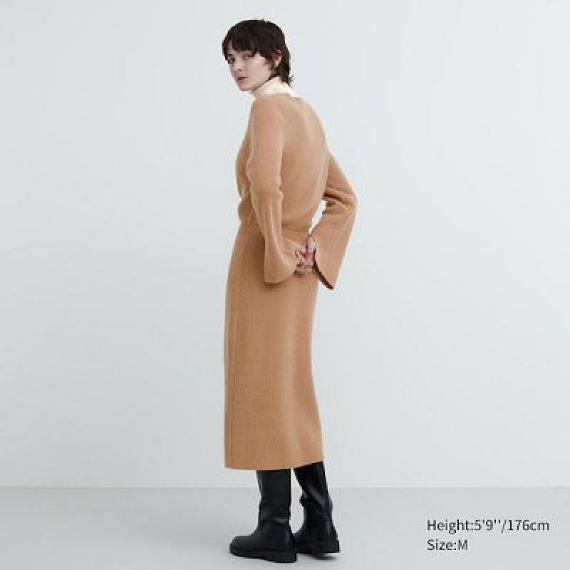 Uniqlo Boat Neck Long-Sleeve Knit Jurk Dames Beige | 3785648