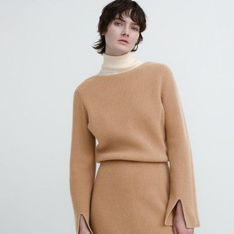 Uniqlo Boat Neck Long-Sleeve Knit Jurk Dames Beige | 3785648