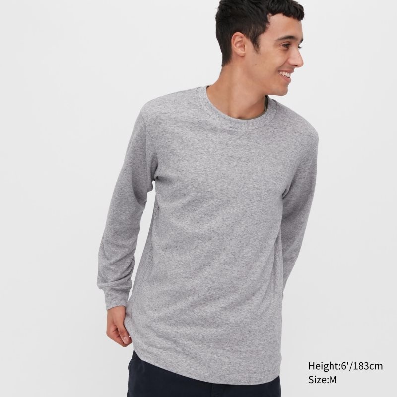 Uniqlo Brushed Cotton Crew Neck Long-sleeve T-shirts Heren Grijs | 1602441