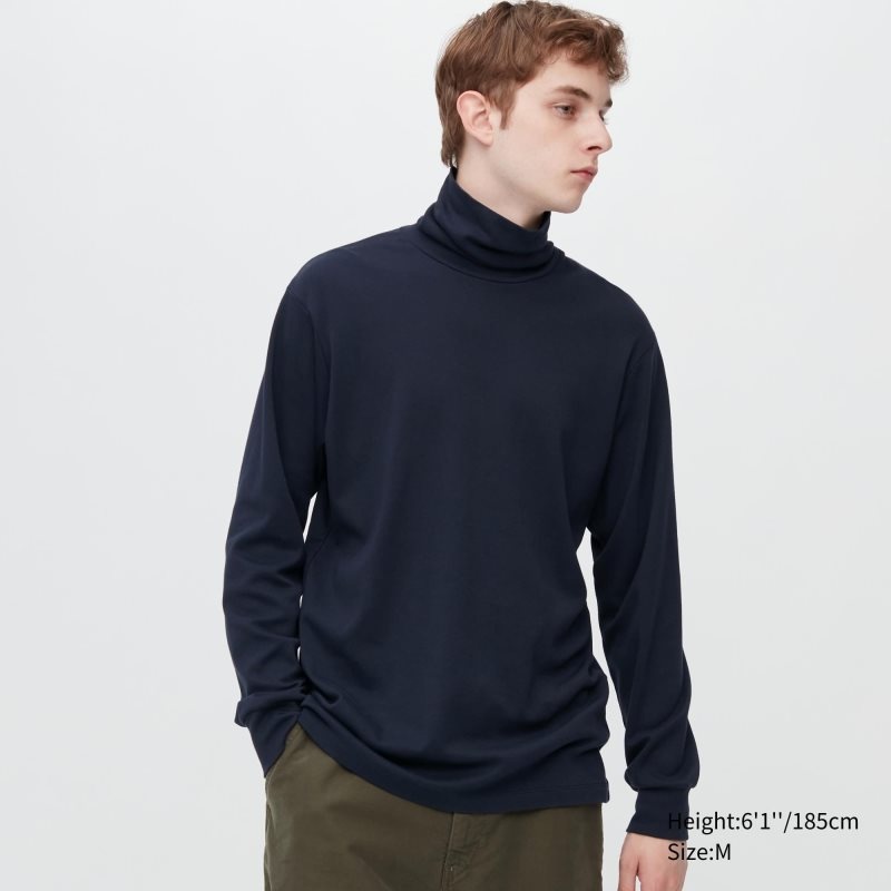 Uniqlo Brushed Cotton Turtleneck Long-sleeve T-shirts Heren Donkerblauw | 9298186