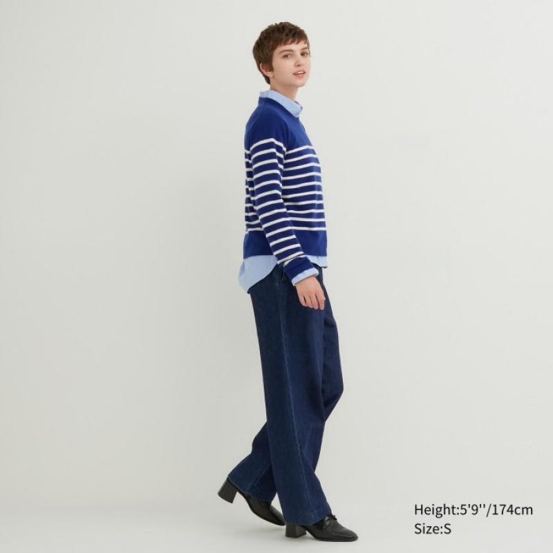 Uniqlo Cashmere Striped Crew Neck Long-Sleeve Truien Dames Blauw | 92048
