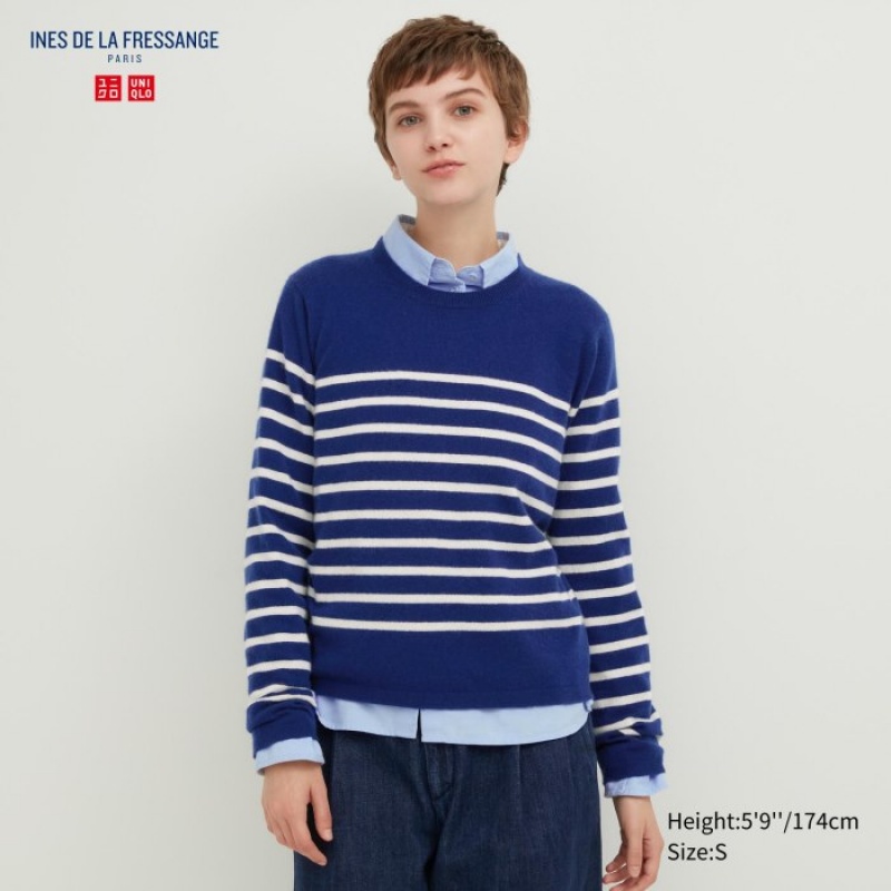 Uniqlo Cashmere Striped Crew Neck Long-Sleeve Truien Dames Blauw | 92048