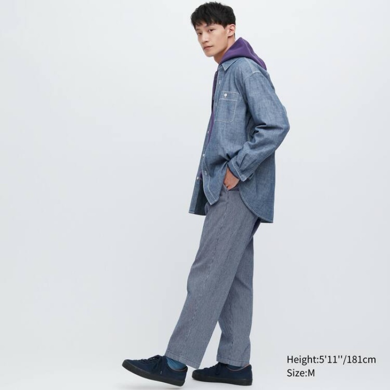 Uniqlo Cotton Hickory Relaxed Fit Ankle Length Broek Heren Blauw | 7573634