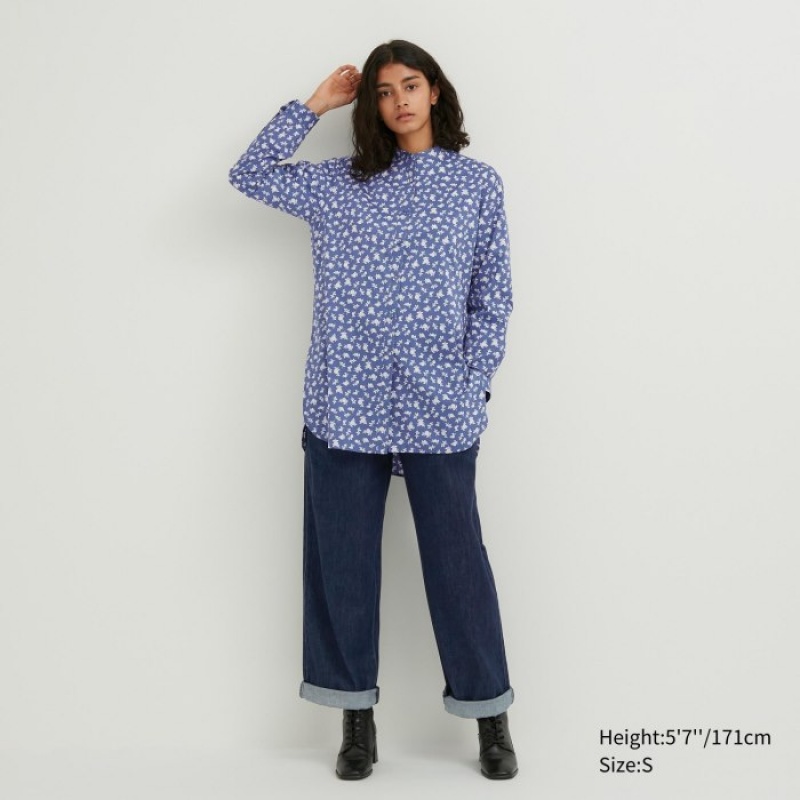Uniqlo Cotton Silk Long-Sleeve Tunic Overhemd Dames Blauw | 6683629