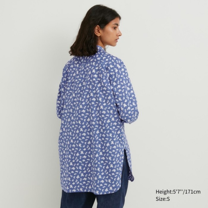 Uniqlo Cotton Silk Long-Sleeve Tunic Overhemd Dames Blauw | 6683629
