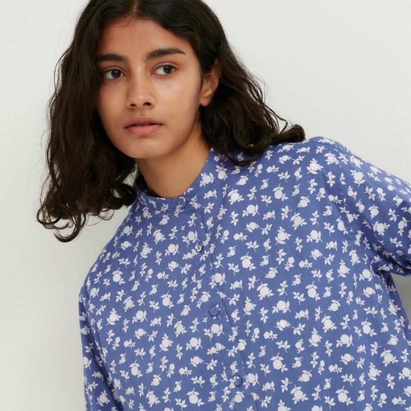 Uniqlo Cotton Silk Long-Sleeve Tunic Overhemd Dames Blauw | 6683629