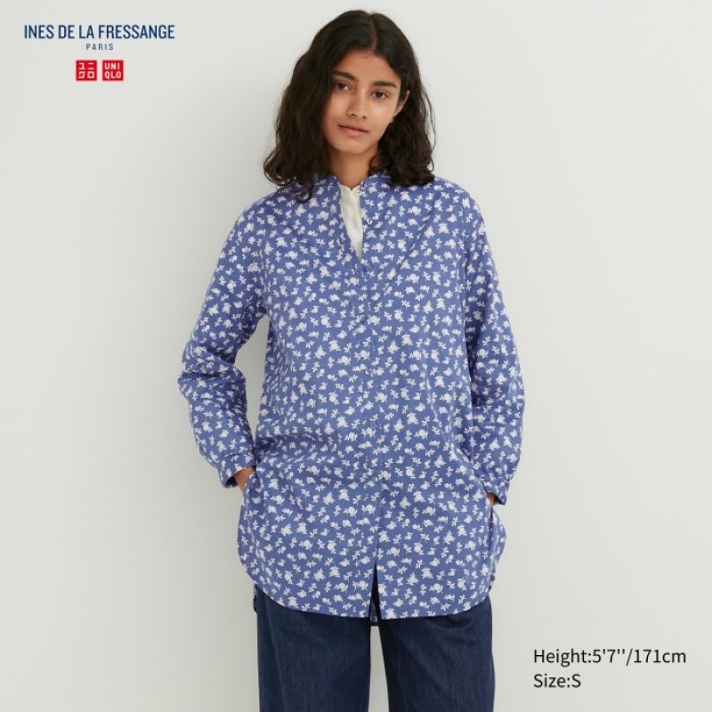 Uniqlo Cotton Silk Long-Sleeve Tunic Overhemd Dames Blauw | 6683629