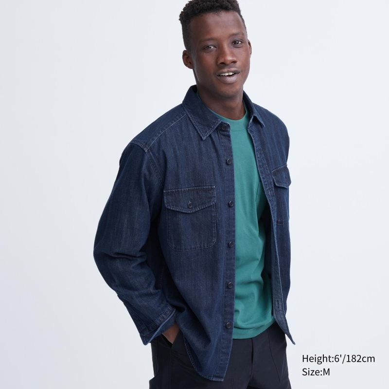 Uniqlo Denim Utility Long-sleeve Overshirt Overhemd Heren Blauw | 858987