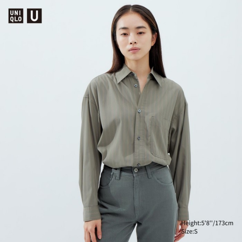 Uniqlo Draped Striped Long-Sleeve Overhemd Dames Olijfgroen | 6509373