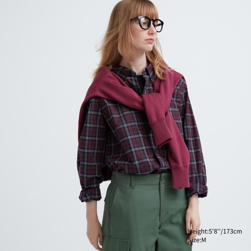 Uniqlo Extra Fine Cotton Broadcloth Checked Long-sleeve Overhemd Heren Bordeaux | 9310063