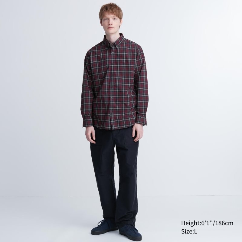 Uniqlo Extra Fine Cotton Broadcloth Checked Long-sleeve Overhemd Heren Bordeaux | 9310063