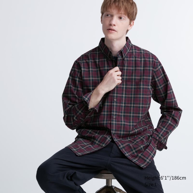 Uniqlo Extra Fine Cotton Broadcloth Checked Long-sleeve Overhemd Heren Bordeaux | 9310063