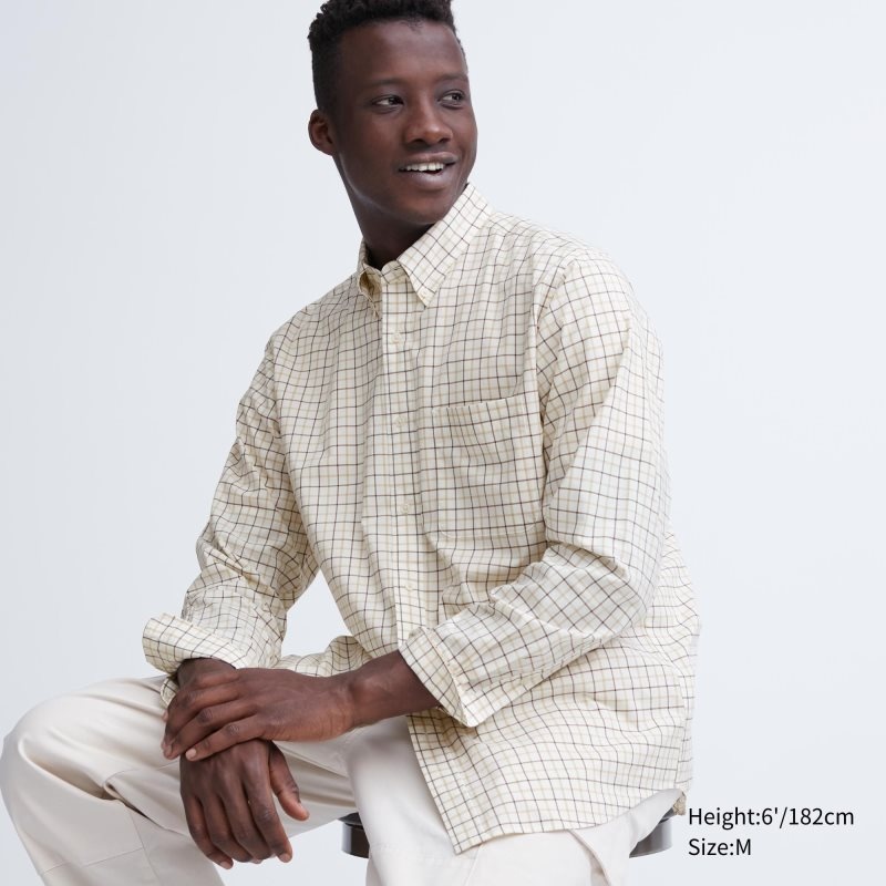 Uniqlo Extra Fine Cotton Broadcloth Checked Long-sleeve Overhemd Heren Wit | 6296546
