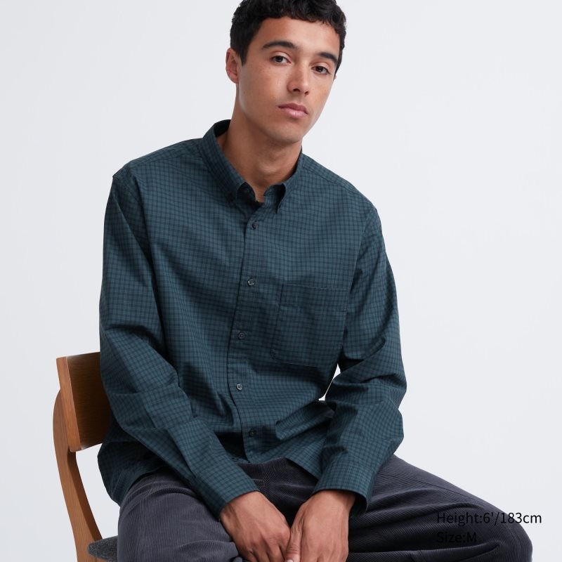 Uniqlo Extra Fine Cotton Broadcloth Checked Long-sleeve Overhemd Heren Groen | 3685475