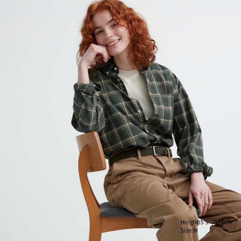 Uniqlo Extra Fine Cotton Broadcloth Checked Long-sleeve Overhemd Heren Olijfgroen | 6669856