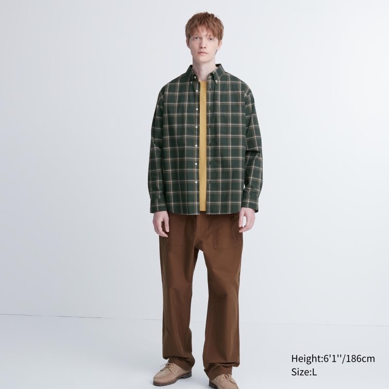 Uniqlo Extra Fine Cotton Broadcloth Checked Long-sleeve Overhemd Heren Olijfgroen | 6669856