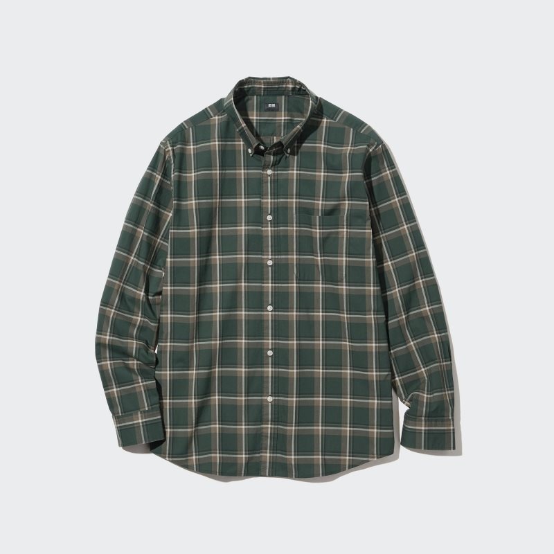Uniqlo Extra Fine Cotton Broadcloth Checked Long-sleeve Overhemd Heren Olijfgroen | 6669856