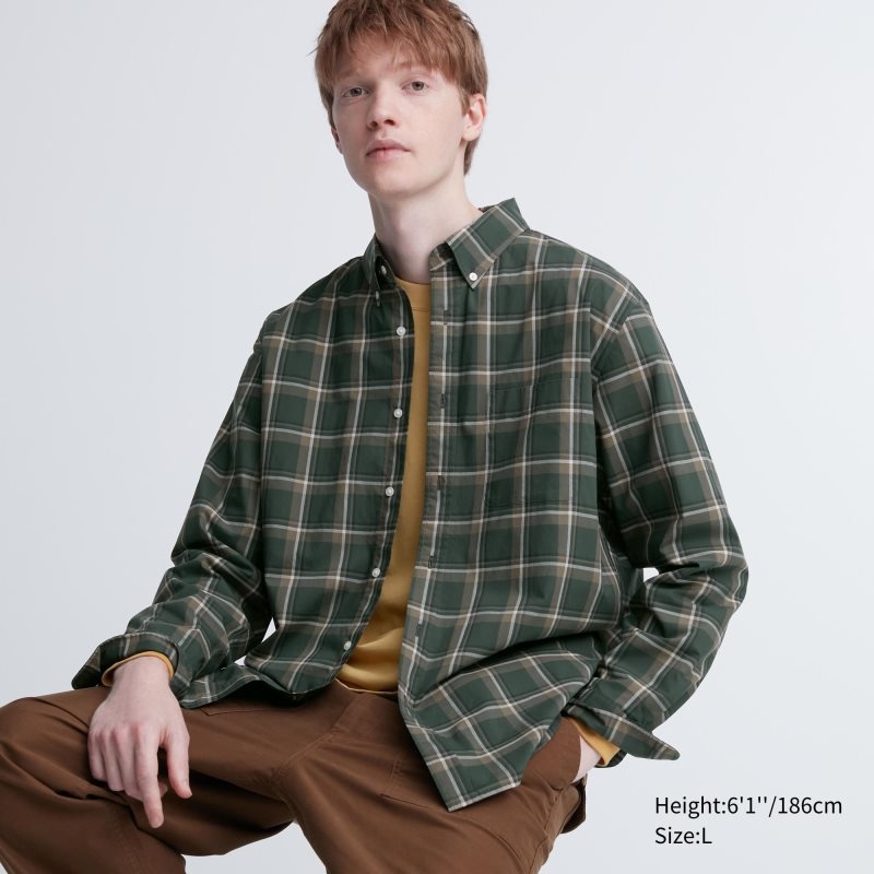 Uniqlo Extra Fine Cotton Broadcloth Checked Long-sleeve Overhemd Heren Olijfgroen | 6669856
