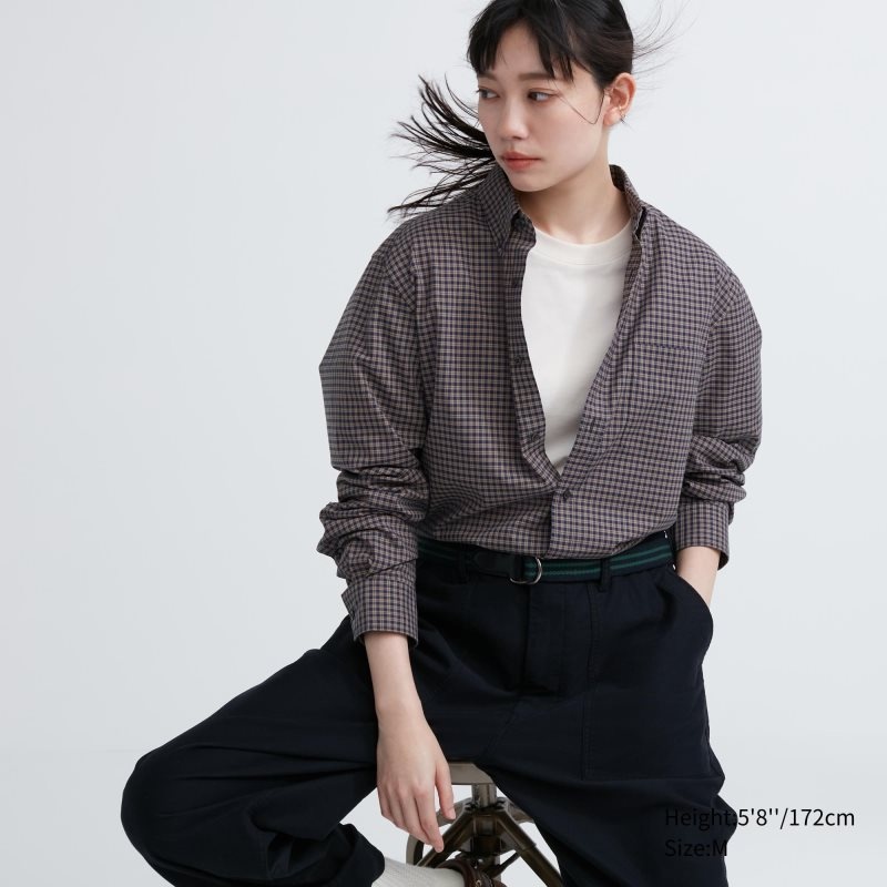 Uniqlo Extra Fine Cotton Broadcloth Checked Long-sleeve Overhemd Heren Bruin | 5946019