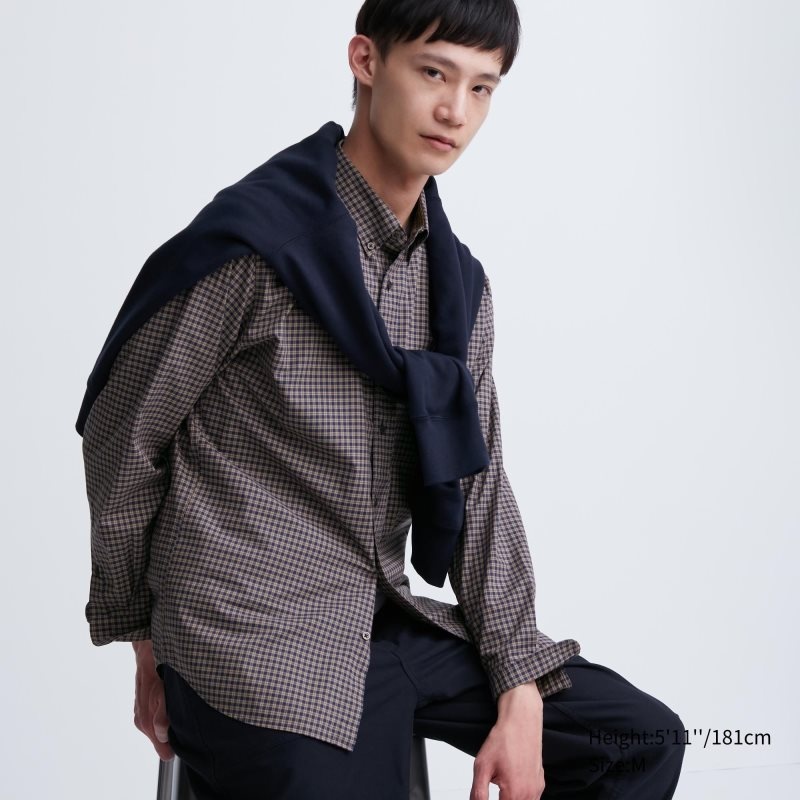 Uniqlo Extra Fine Cotton Broadcloth Checked Long-sleeve Overhemd Heren Bruin | 5946019