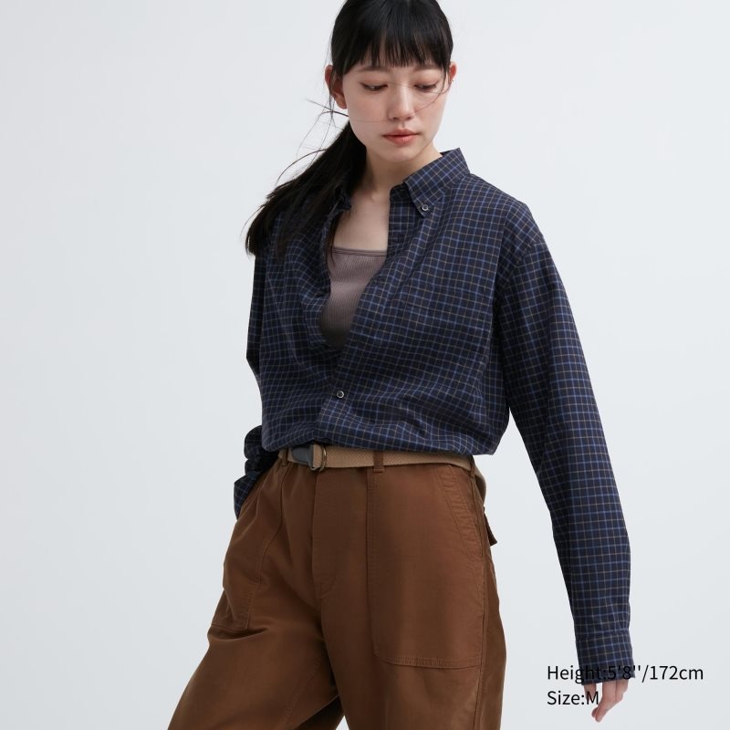 Uniqlo Extra Fine Cotton Broadcloth Checked Long-sleeve Overhemd Heren Donkerblauw | 3842453