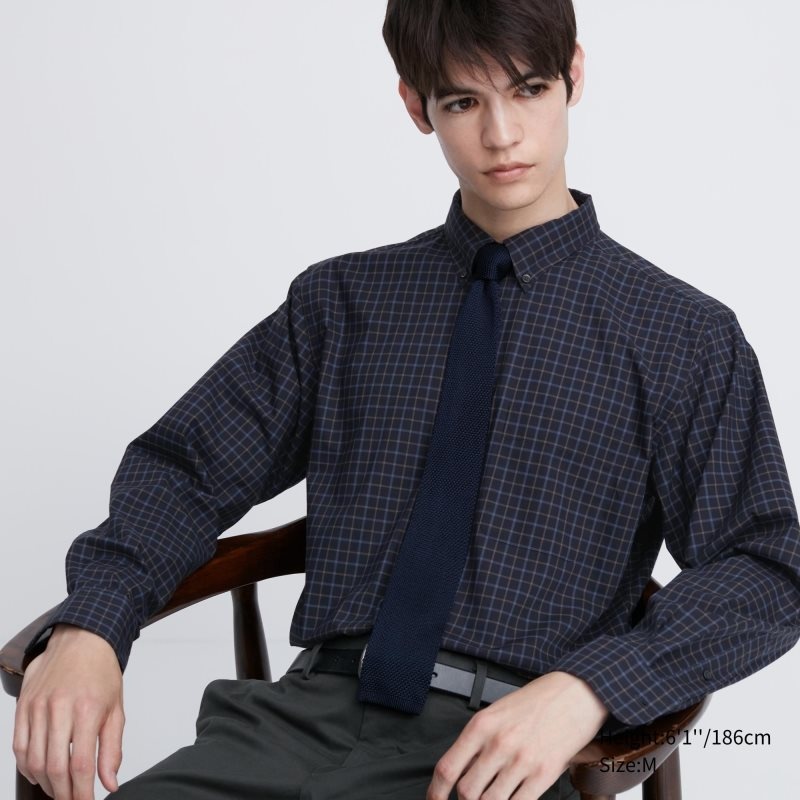 Uniqlo Extra Fine Cotton Broadcloth Checked Long-sleeve Overhemd Heren Donkerblauw | 3842453