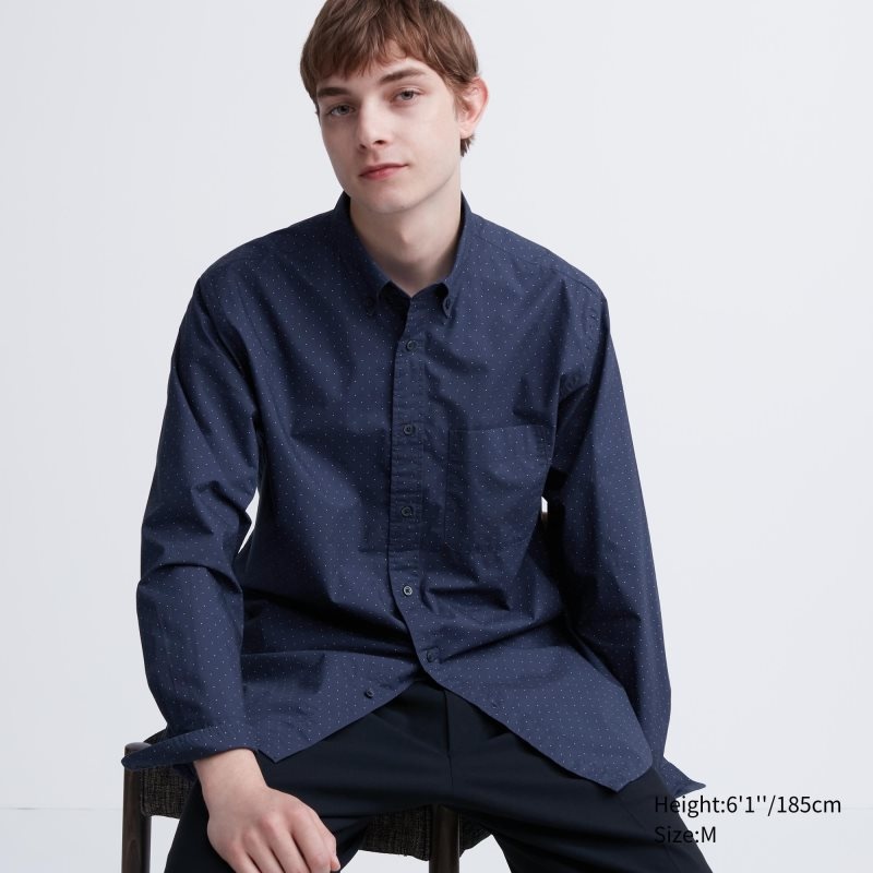 Uniqlo Extra Fine Cotton Broadcloth Dotted Long-sleeve Overhemd Heren Donkerblauw | 7578080