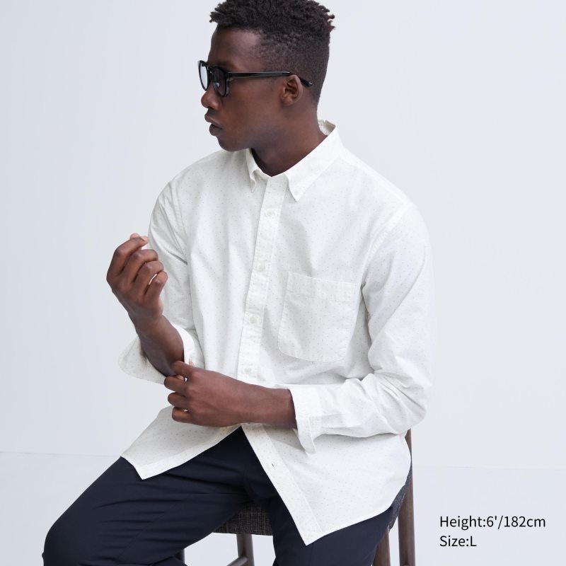 Uniqlo Extra Fine Cotton Broadcloth Dotted Long-sleeve Overhemd Heren Wit | 2588986