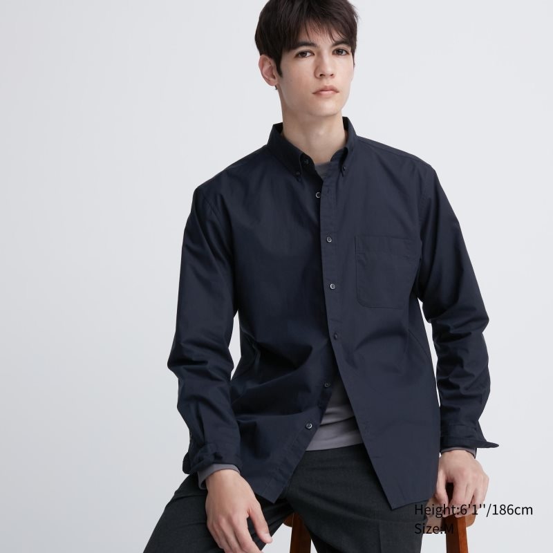 Uniqlo Extra Fine Cotton Broadcloth Long-sleeve Overhemd Heren Donkerblauw | 2057595