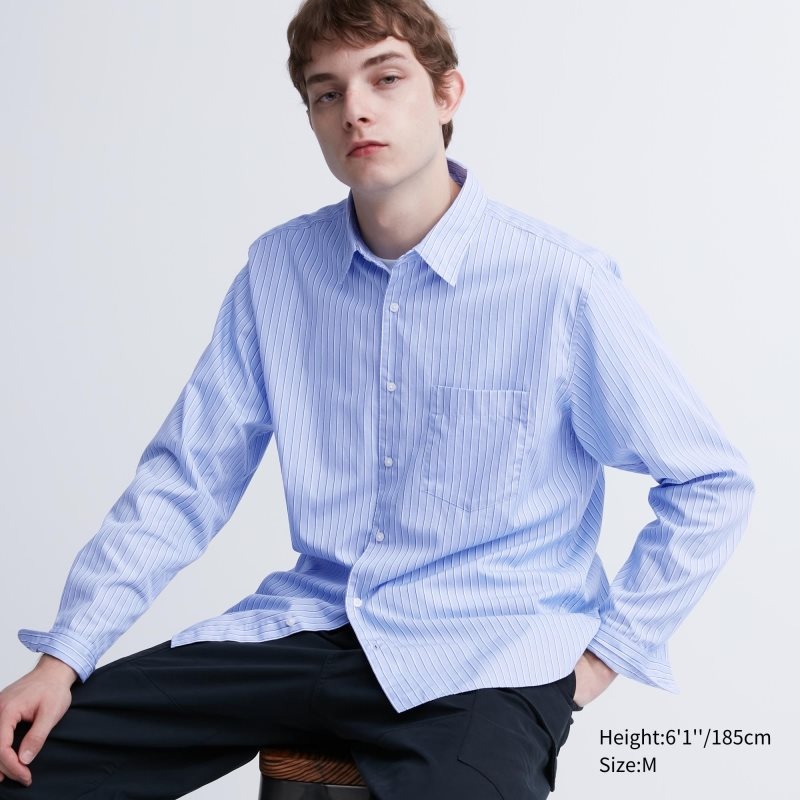 Uniqlo Extra Fine Cotton Broadcloth Striped Long-sleeve Overhemd Heren Blauw | 5781818