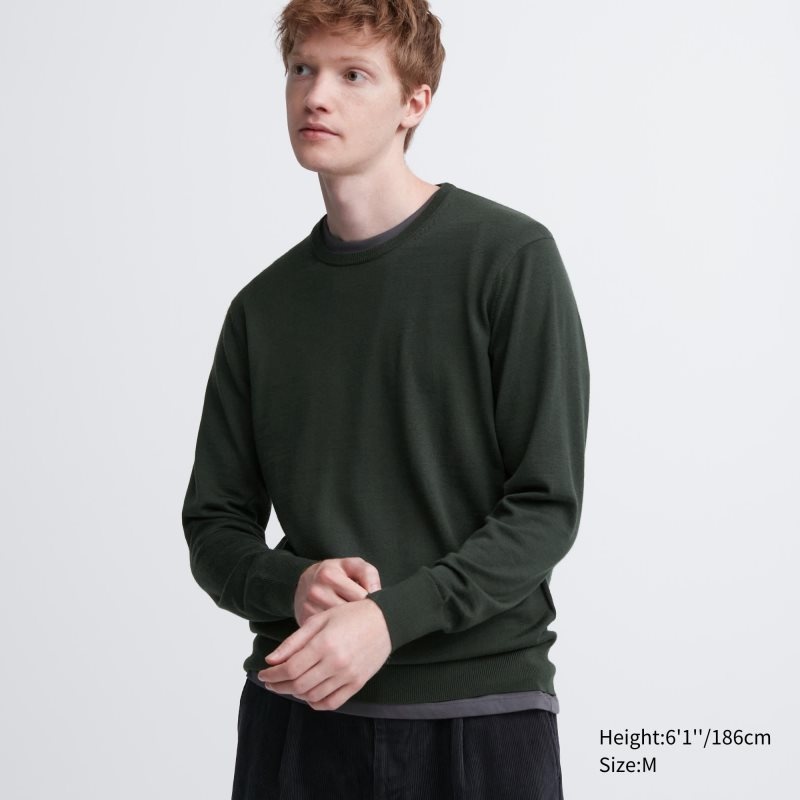 Uniqlo Extra Fine Merino Crew Neck Truien Heren Olijfgroen | 8050527