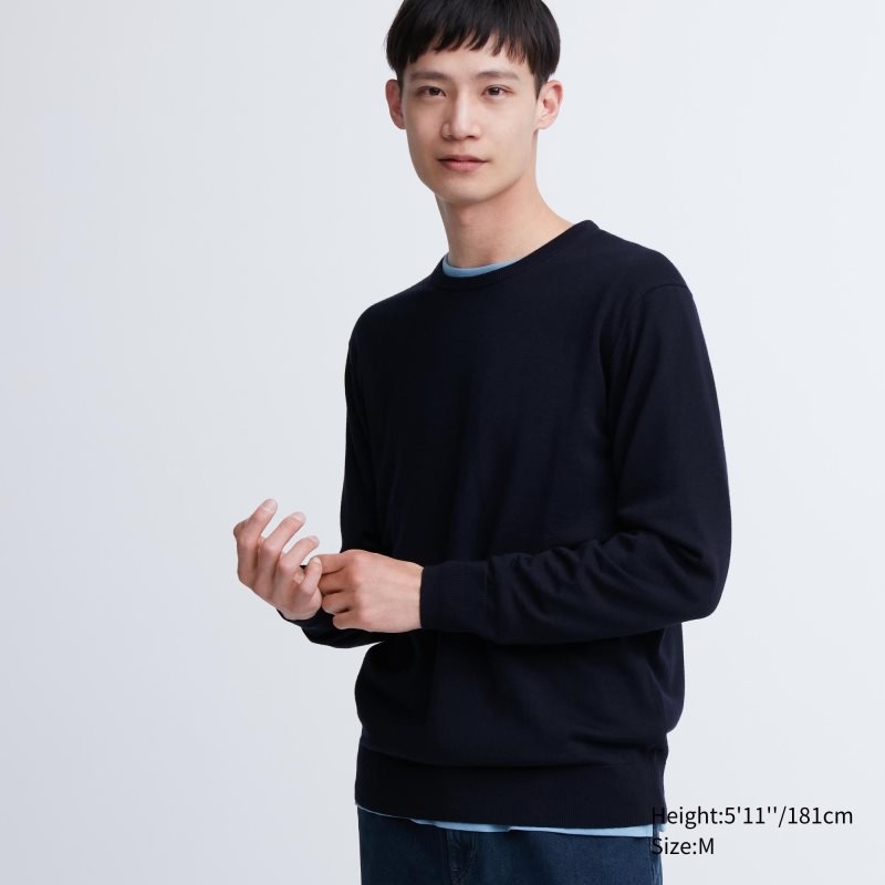 Uniqlo Extra Fine Merino Crew Neck Truien Heren Donkerblauw | 4554493