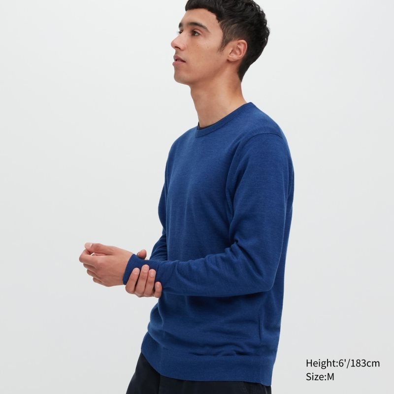 Uniqlo Extra Fine Merino Crew Neck Truien Heren Blauw | 9787659