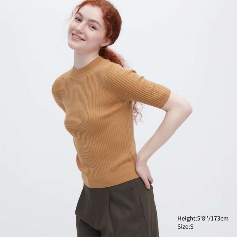 Uniqlo Extra Fine Merino Ribbed Mock Neck Half-Sleeve Truien Dames Beige | 3950840