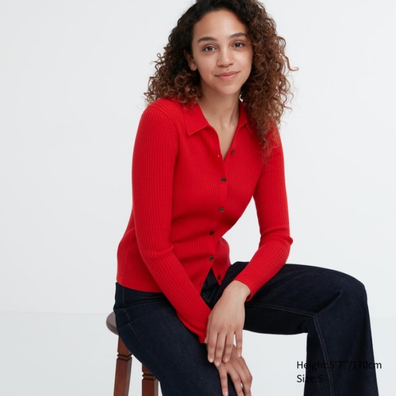 Uniqlo Extra Fine Merino Ribbed Polo Cardigan Dames Rood | 7949612