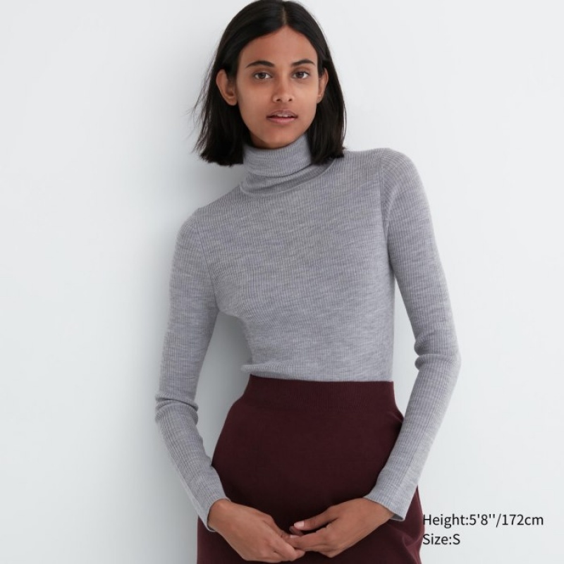 Uniqlo Extra Fine Merino Ribbed Turtleneck Long-Sleeve Truien Dames Grijs | 1169434