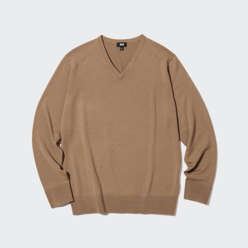 Uniqlo Extra Fine Merino V-Neck Long-Sleeve Truien Dames Beige | 4991298