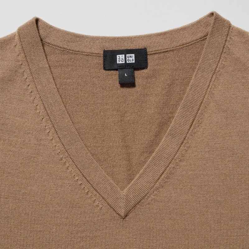 Uniqlo Extra Fine Merino V-Neck Long-Sleeve Truien Dames Beige | 4991298